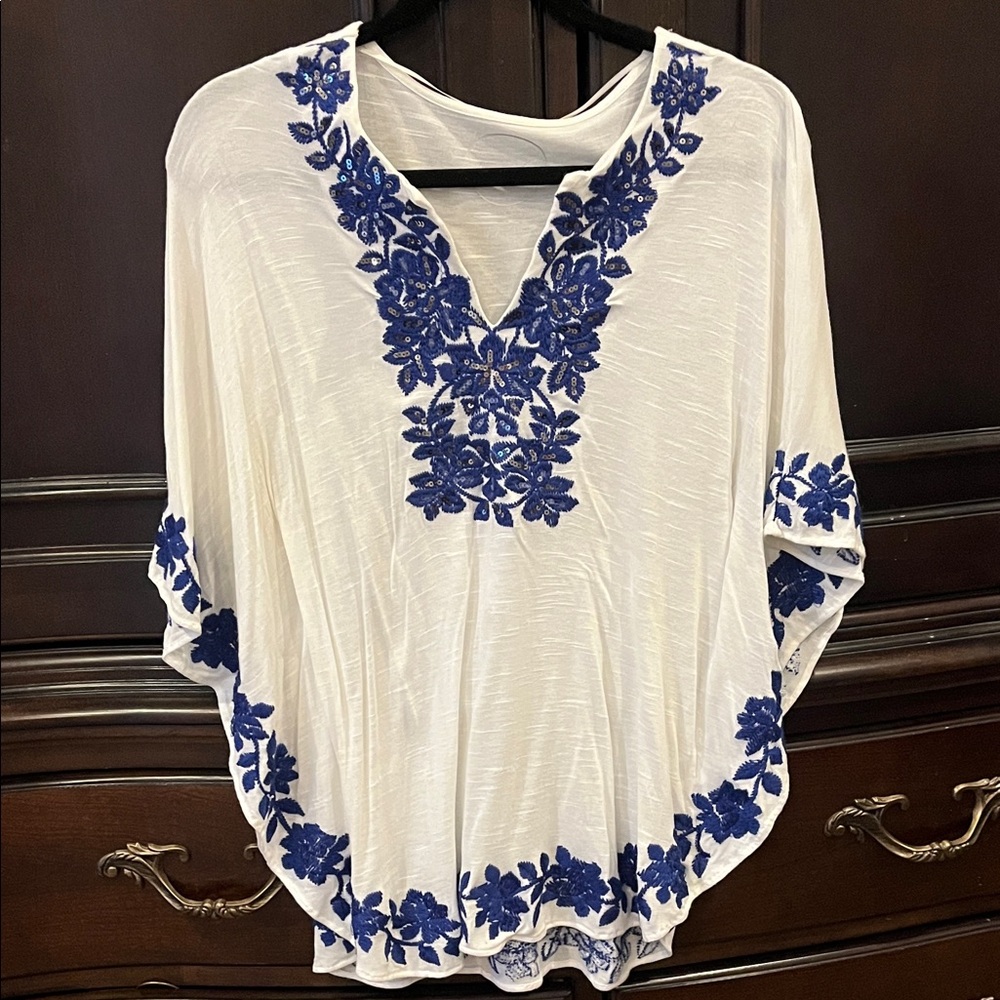 INC International Concepts White Tunic with Blue Floral Embroidery